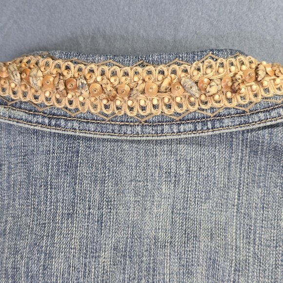 Elie Tahari Denim Jean Jacket Women Small Blue Distressed Embellished Lined Boho - Picture 9 of 13